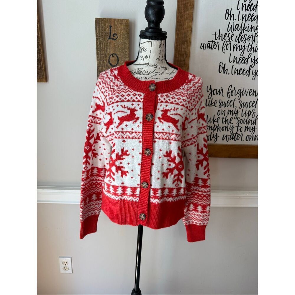 DEC 25th Women's Holiday Button Front Knit Cardigan Sweater White Red Small